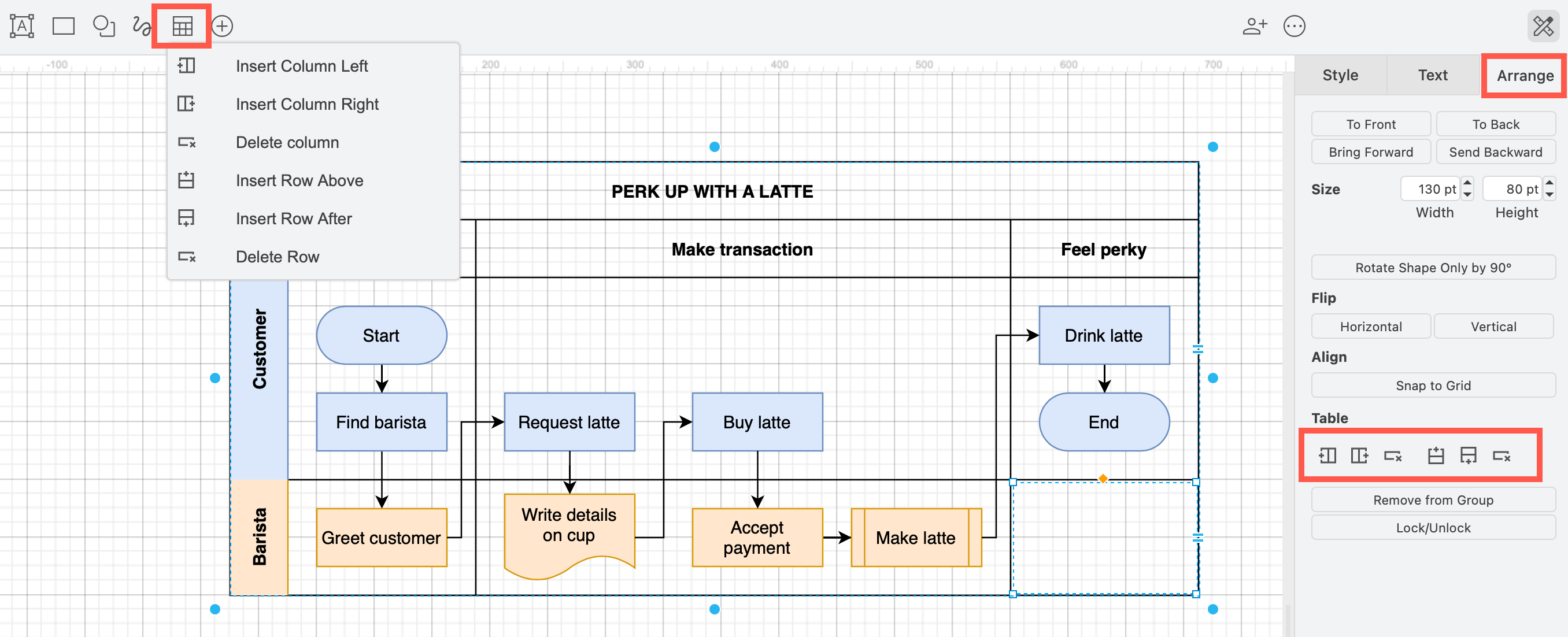 Insert a table with container cells via the draw.io toolbar