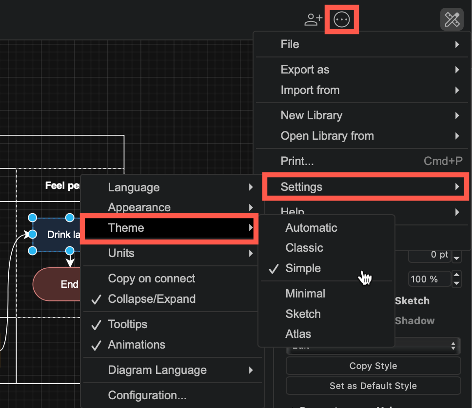 Change the editor theme via the draw.io menu - Settings /> Theme