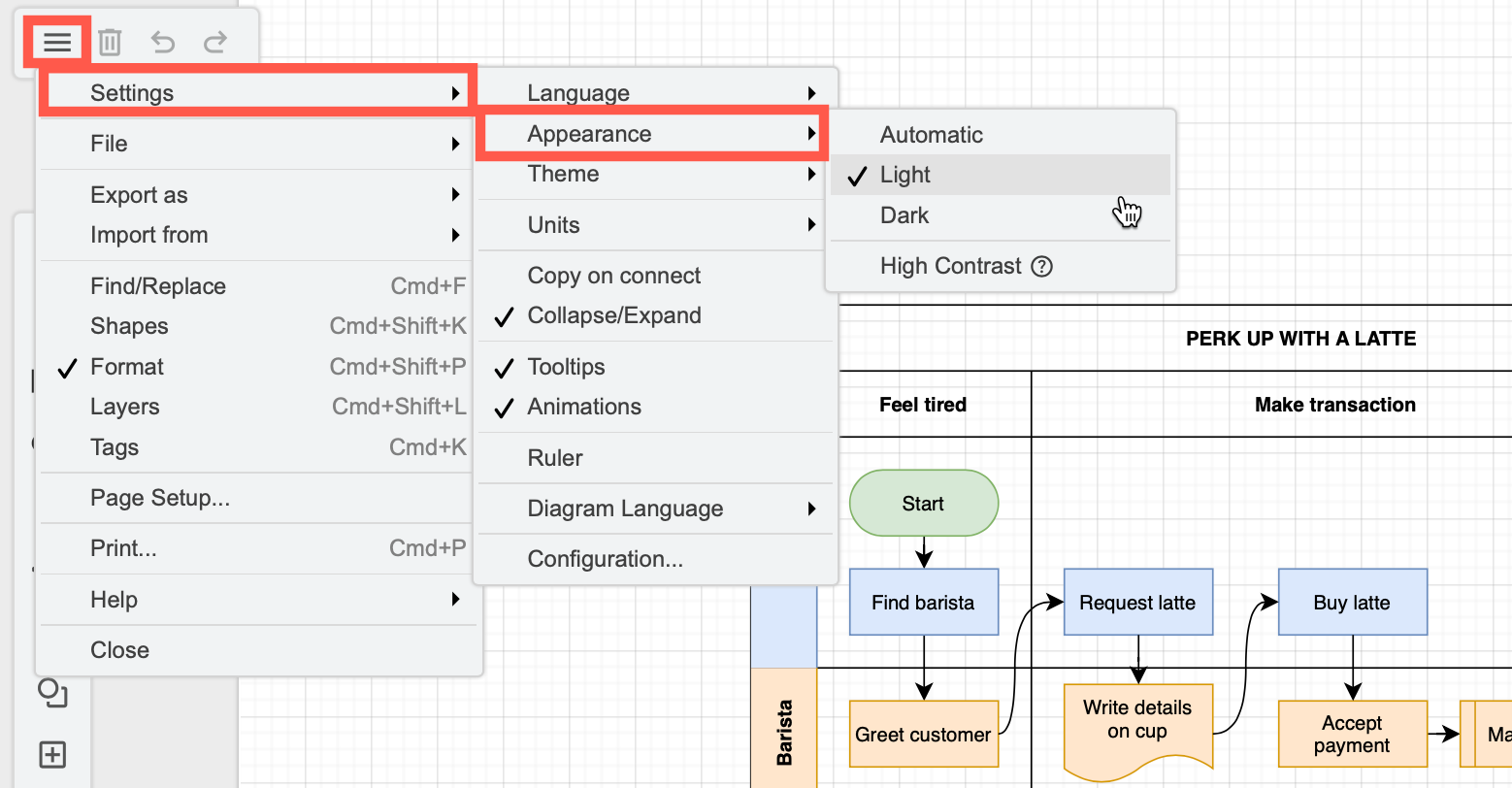 Switch between dark and light modes via the draw.io menu under Settings /> Appearance