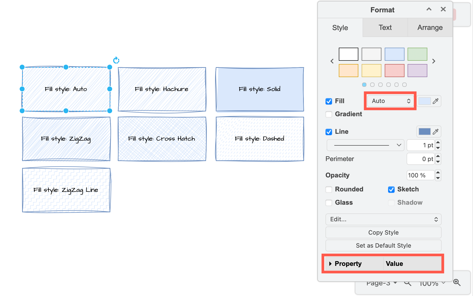 Change the fill pattern when using the sketch rough style in draw.io