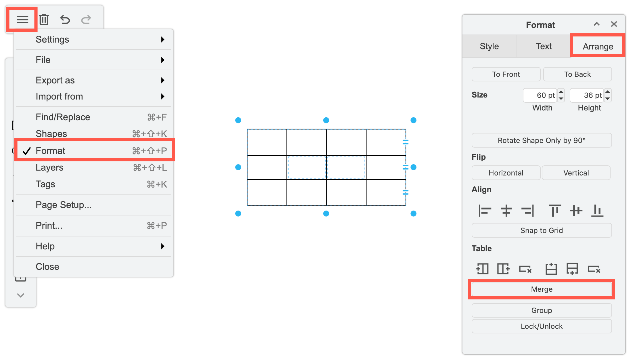 Merge table cells in the Sketch whiteboard-like editor theme in draw.io