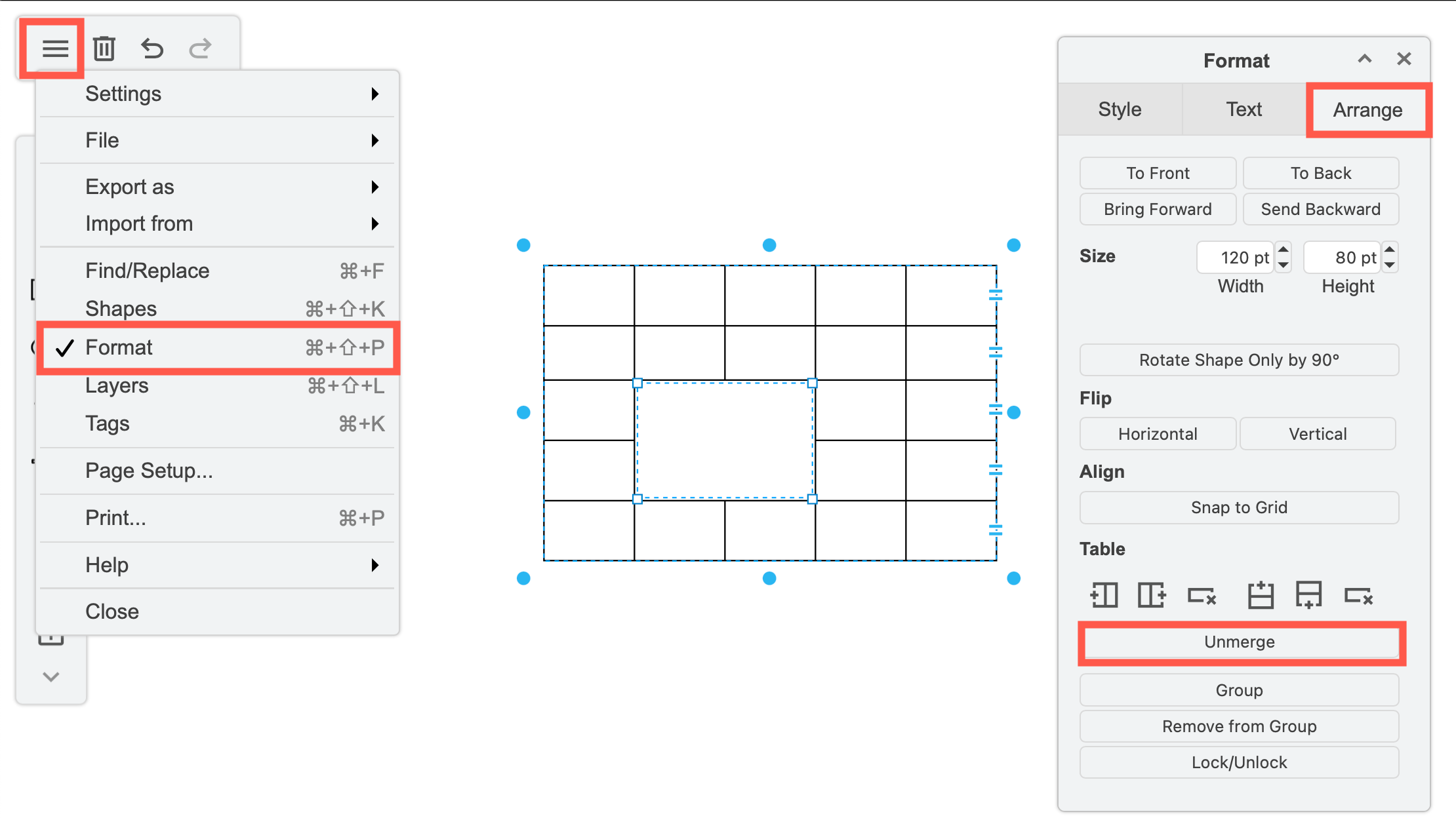Unmerge table cells in the Sketch whiteboard-like editor theme draw.io