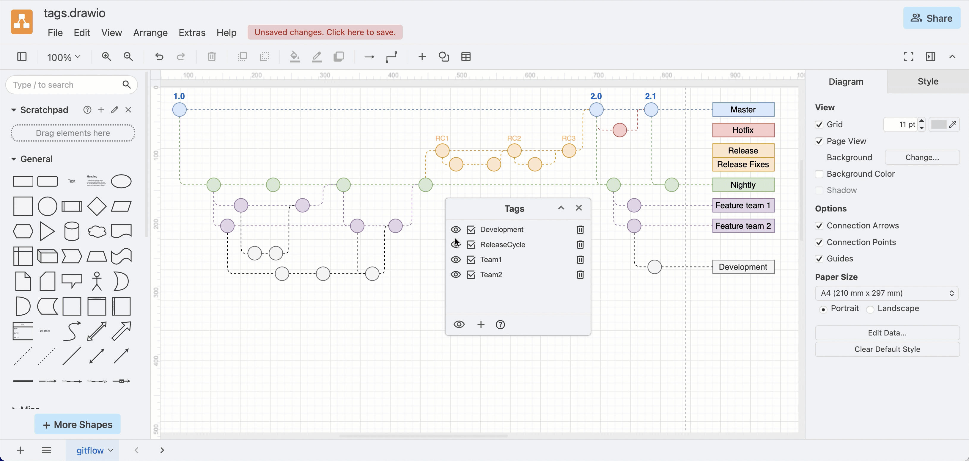 Click on the tag names or the eye to display or hide shapes and connectors with those or other tags