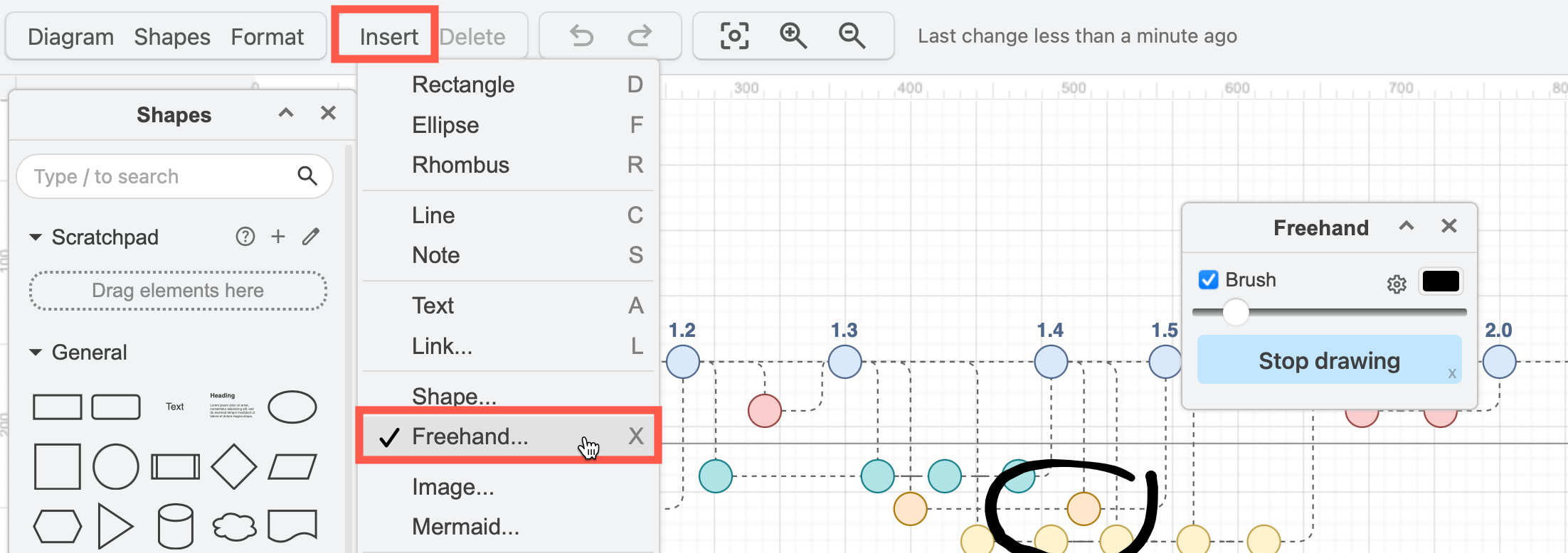 Click on Insert /> Freehand to open the freehand drawing tool using the Minimal editor theme in draw.io