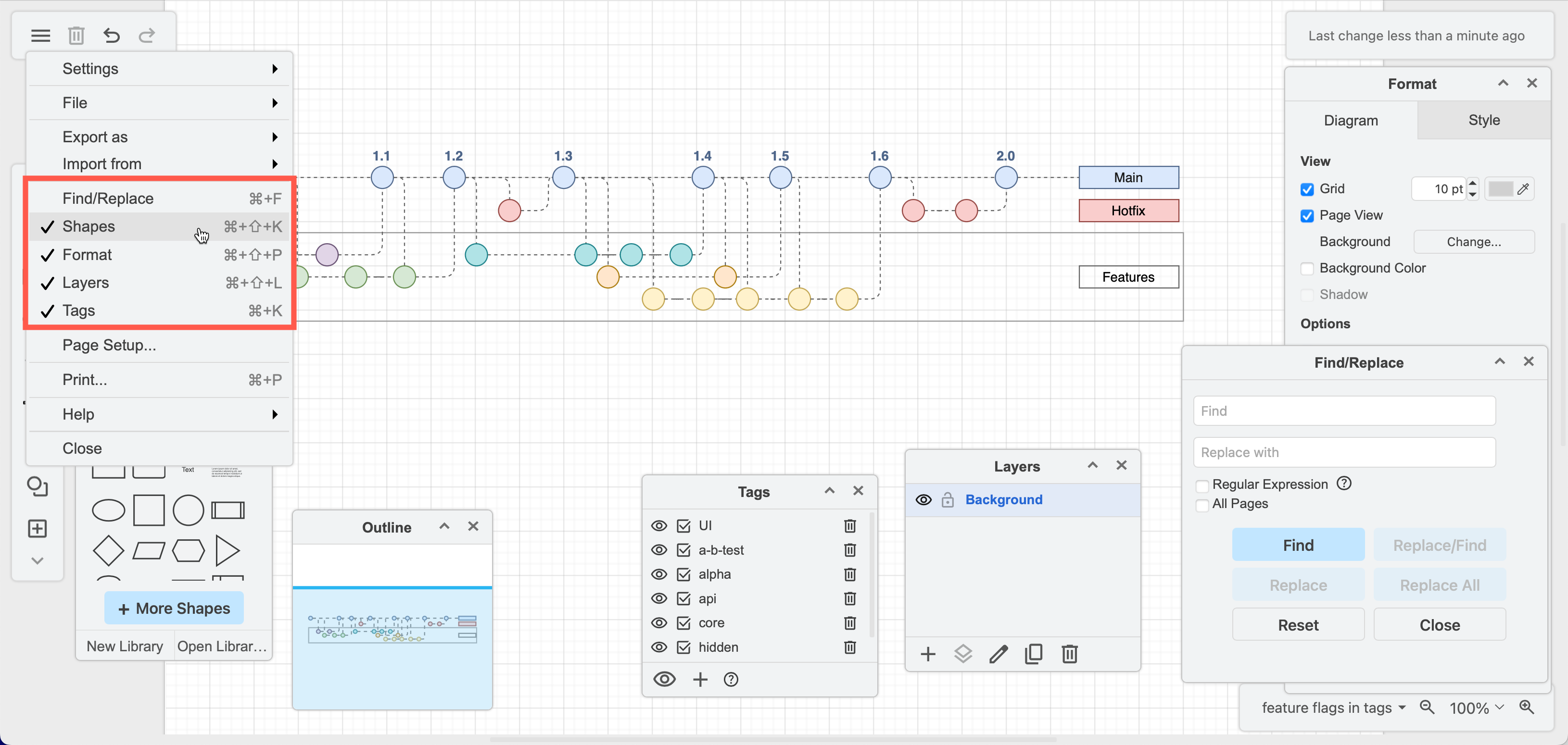 Use the View tool in the toolbar to display or hide tool dialogs using the Sketch editor theme in draw.io