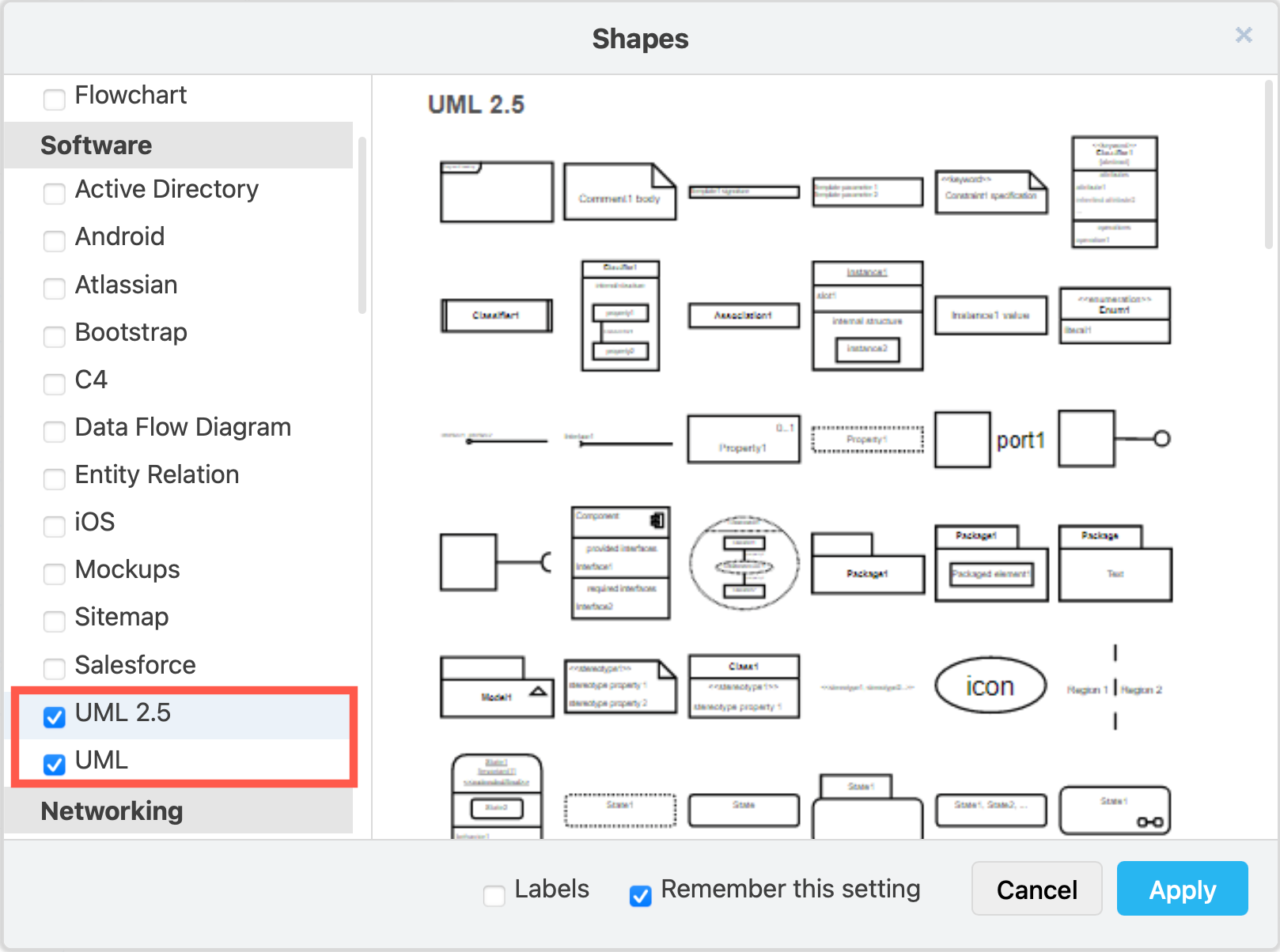 Enable the UML 2.5 shape library, and the older UML library if you wish to use those shapes